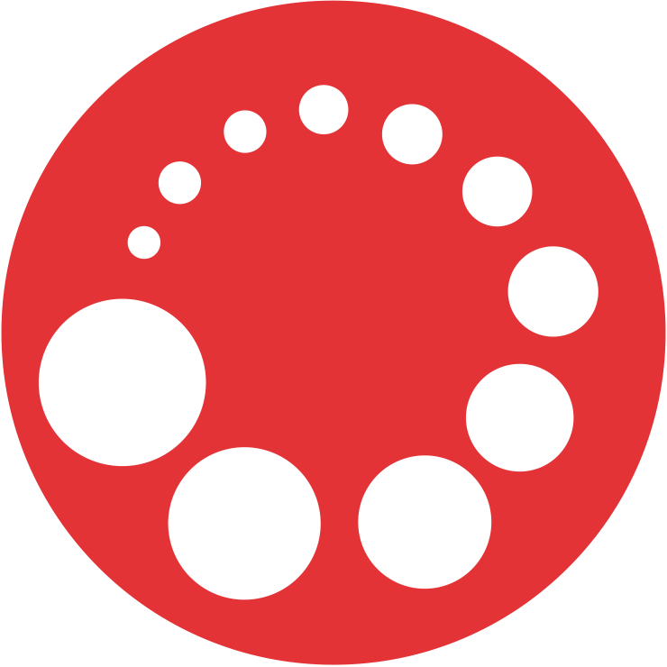 Red circular icon with white circles inside.