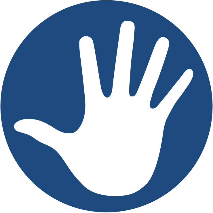 Blue circle with white hand icon.