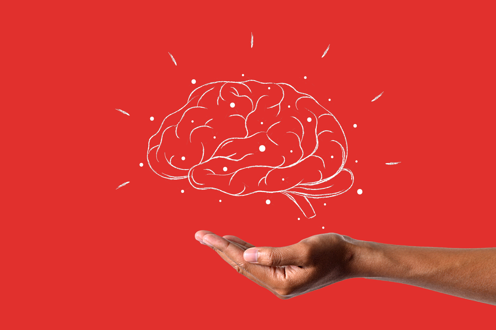 bold red background with female hand holding brain sketch